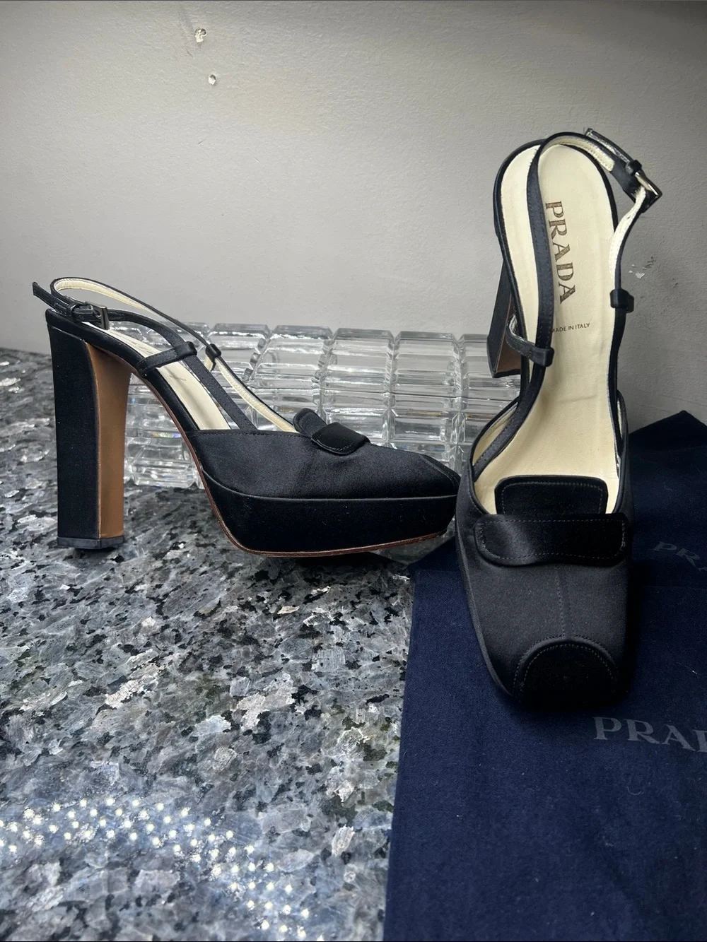 Prada Sz 38 Black Silk 4.5” Wrapped Block Heel Square Toe Heels Shoes